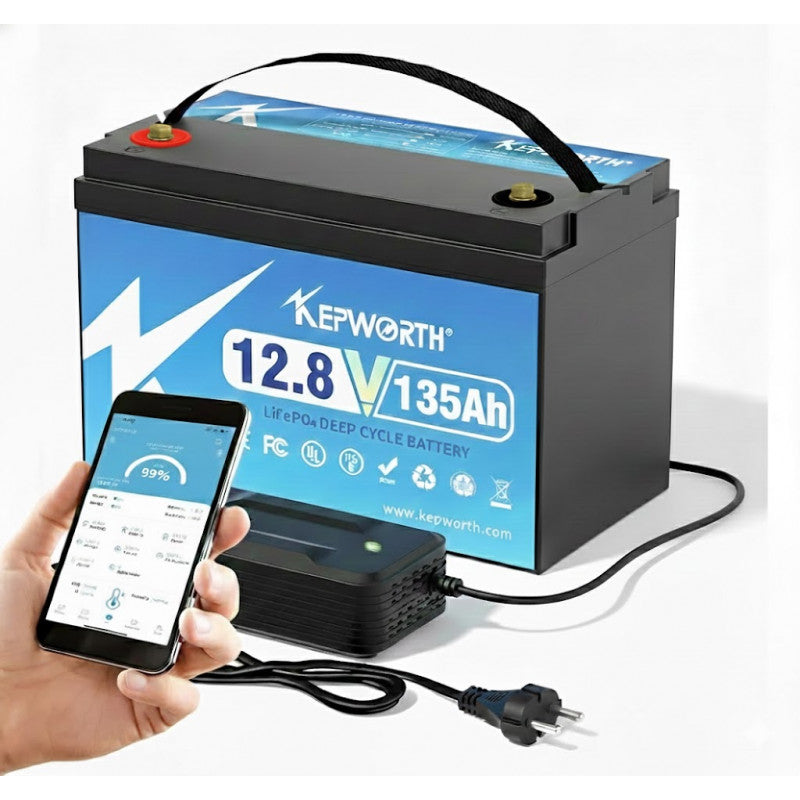 Akumulators KEPWORTH Lithium LifePo4 Smart 12V 135Ah MINI Bluetooth (332x176x220mm, 12,8kg) IP65 Waterproof (ar lādētāju)