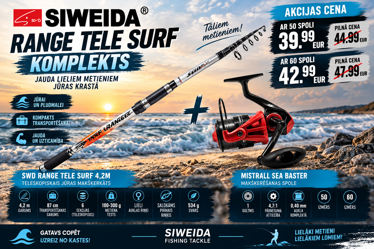 Komplekts butēm Siweida Range Tele Surf 4,2m 100-300g + Mistrall Sea Baster