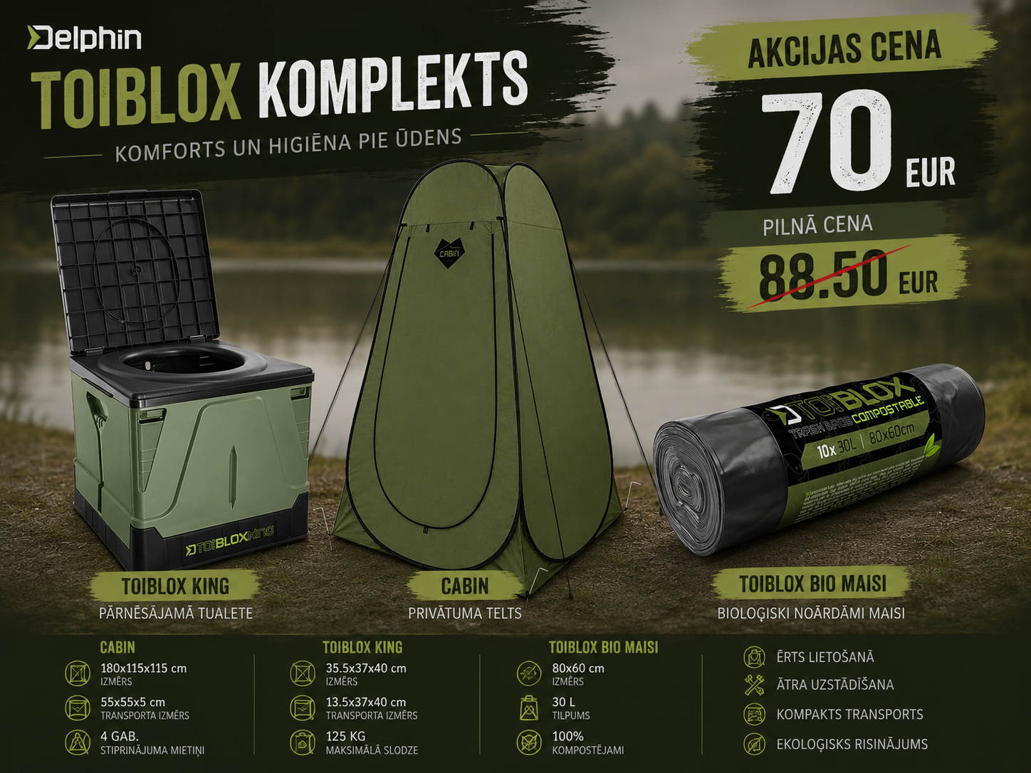 Delphin CABIN + ToiBLOX King + ToiBLOX bioloģiski noārdāmo maisu komplekts