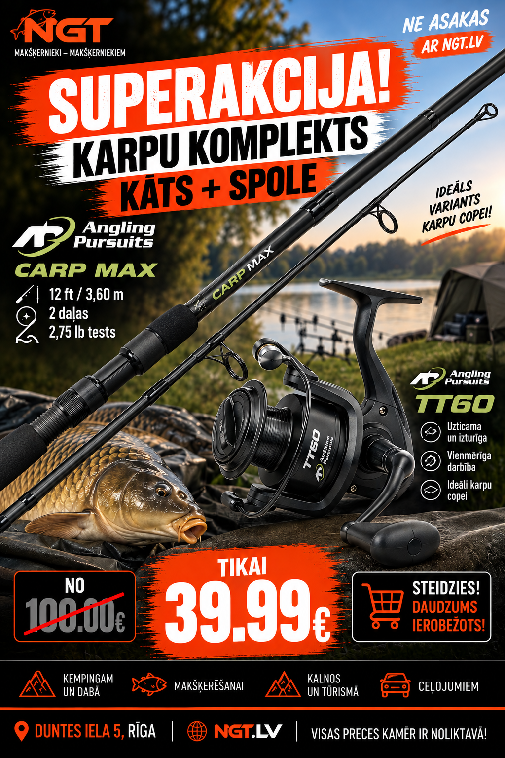 Karpu makšķerēšanas komplekts Angling Pursuits Carp Max - 12ft, 2pc, 2.75lb + Angling Pursuits TT 60