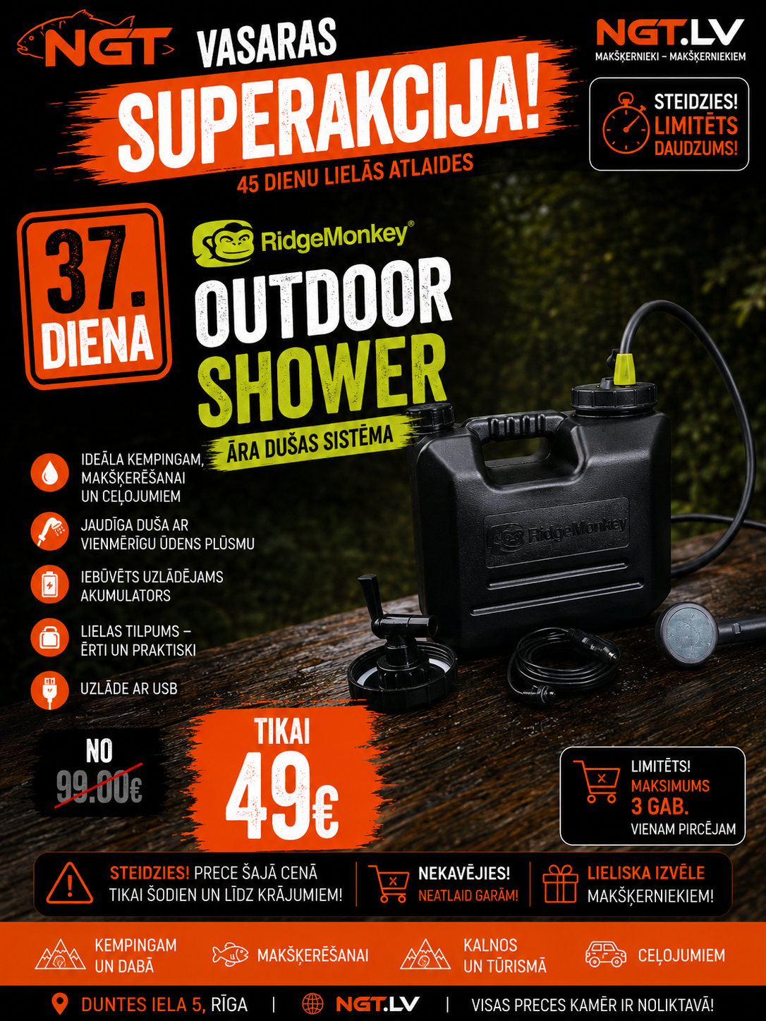 Shower Ridge Monkey välistingimustes kasutatav massaažidušš (täiskomplekt)