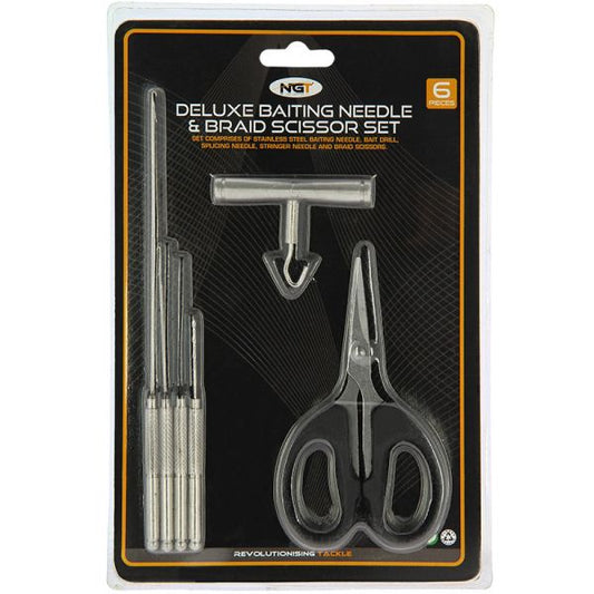 NGT Deluxe 6pc stainless steel baiting tools, 6 daļ. komplekts - adatas, urbītis, šķēres, mezglu vilcējs