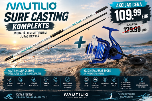 NGTLV Tālmešanas komplekts butēm Mistrall Nautilio Surf Casting 4.50m 100-250g + NGT Oceancast 90 Produkts