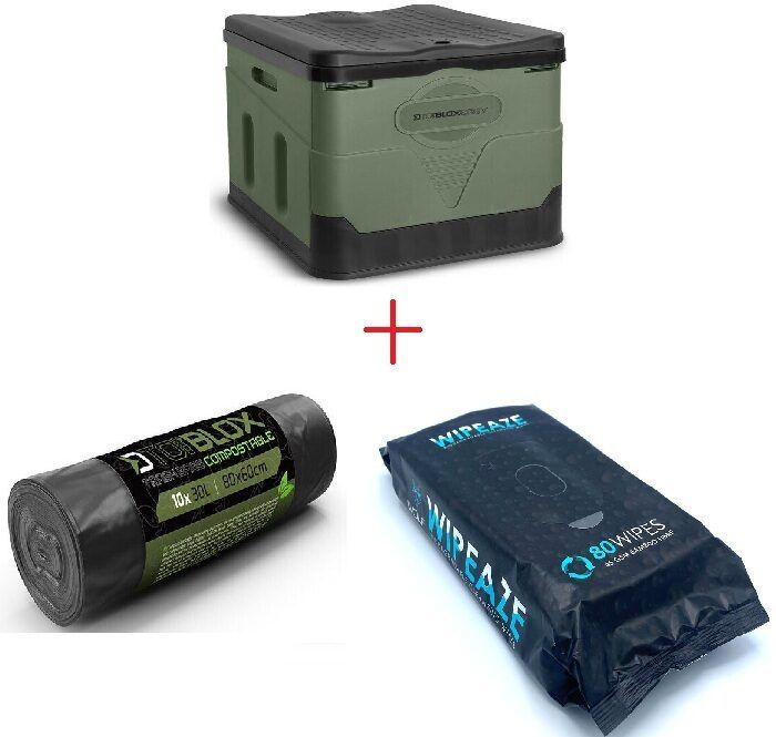 Kaasaskantav tualettkomplekt - Delphin ToiBLOX King + Delphin ToiBLOX kotid + Wolfi hügieenilapid - Pureclean WipEaz