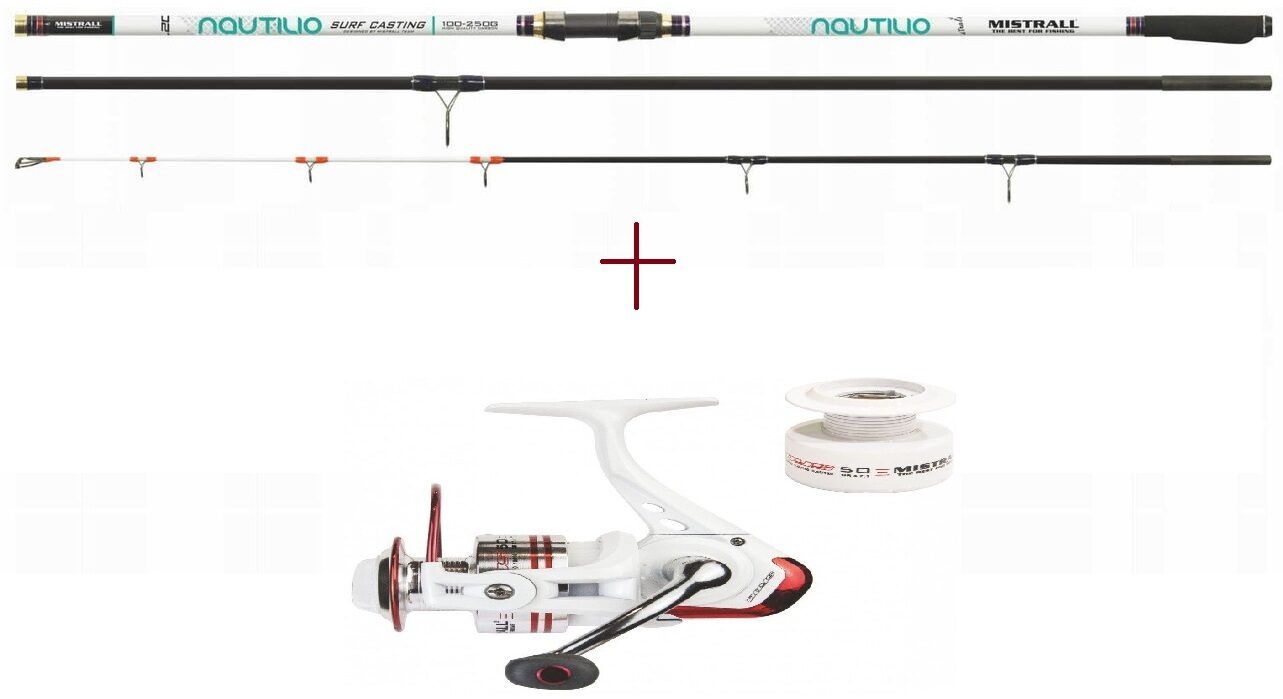 Pudelitele mõeldud pikamaa mereheitekomplekt MISTRALL NAUTILIO SURF CASTING 4.50 m / 100-250g + MISTRALL ODYS 6000 FD