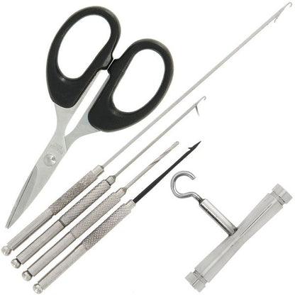 NGT Deluxe 6pc stainless steel baiting tools, 6 daļ. komplekts - adatas, urbītis, šķēres, mezglu vilcējs