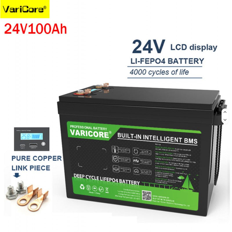 Akumulators VariCore 24V 100Ah Lithium LiFePO4 ar LCD displeju, USB 3.0/Type-C
